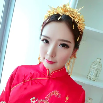 NiuShuya Kitajski Slog Nevesta Pokrivala Phoenix Coronet Klasični Poročni Dodatki Zlato Krilo Obliko Poročne Nakit 196658