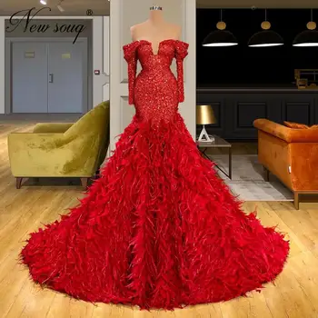 Formalno Rdeče Beading Večerne Obleke Za Dubaj kaftans Nov Prihod Perje turški Maturantski ples Obleka Ženske obleke Haljo De Soiree arabski 20006