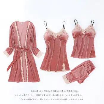 Jeseni, Pozimi Nova Pasja Pižamo Nastavite Seksi Žensk 4PCS Haljo bo Ustrezala More Mehko Kimono Plašč Velur More Priložnostne Homewear