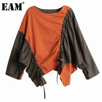 [EAM] Žensk Oranžna Nezakonitih Naguban Velike Velikosti T-shirt Nov Krog Vratu Dolg Rokav Moda Plima Pomlad Jesen 2021 1DA144
