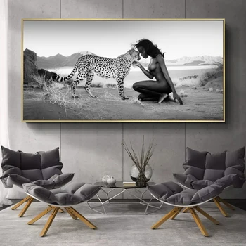 Črna Ženska S Cheetah Platno Umetnosti Plakatov In Fotografij Divje Živali, Pokrajine Platna Slike na Steni Nordijska Umetniške Slike