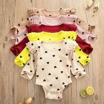 Newborn Baby Girl Obleke Sladko Dolg Rokav Ruffle Ljubezen, Tiskanje Romper Sunsuit Poletno Obleko Set Oblačila Kostum