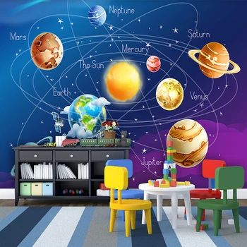 Dropship po Meri Zidana Walpaper 3D Cartoon Planet Sončnega Sistema Fotografijo za Ozadje Otroci Soba Modro Ozadje Otroci Ozadje Stenski Dekor 29025