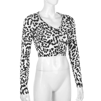 Sweetown Leopard Tiskanja Seksi V Vratu Rave Obleko Majice Za Ženske, Z Dolgimi Rokavi Obreži Zgoraj Jeseni Majica Femme Ulične Mode