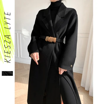Črna Volnena Plašč Žensk Mid - dolžina 2020 Nove Jesensko Zimske Solid Black Oblazinjeni Hepburn Slog, Volna, Dlaka Outwear 2925