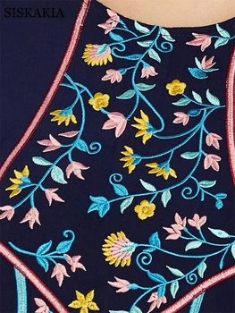 Siskakia Etnične Vezenje Maxi obleke za Ženske Jeseni Leta 2020 Navy Blue Plus Velikost O Vratu Dolg Rokav arabski Muslimani Turčija Oblačila 3096