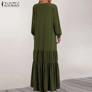 ZANZEA Maxi Dolgo Obleko za Ženske 2021 Ženske Ruffle Vestidos Priložnostne Puff Rokav Haljo Femme Prevelik 5XL Jeseni Trdna Sundress