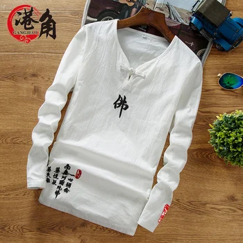 Spomladi leta 2020 lanu materiala, T-shirt moški dolg rokav Kitajski veter Buda besedo vezenje bombaža T-shirt 3178