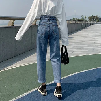 GUUZYUVIZ Naravnost Jeans Ženska Modrega Jeansa Harem Hlače Visoko Pasu Plus Velikost Nepakirana Jeans Hlače Priložnostne korejski