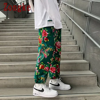 Zongke Cvetlični Priložnostne Hlače Moški Oblačila korejskem Slogu Ulične Moških Joggers Sweatpants Hlače Mens Hlače Harajuku 5XL 2021