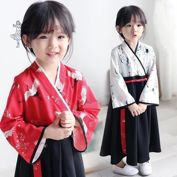 Novo Dekle Obleko Otroci Hanfu Cvet Kostum Baby Vrhovi Krilo Žerjav Natisnjeni Otroci Oblačila Kitajski Slog Dekleta Obleke, Kompleti