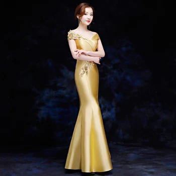 Elegantne Ženske morska deklica Slim Qipao Seksi Off Ramenski Cheongsam Celotno Dolžino Vestidos Ženski Večer, Stranka, Kitajska Obleka Velikost S-XXL 36524