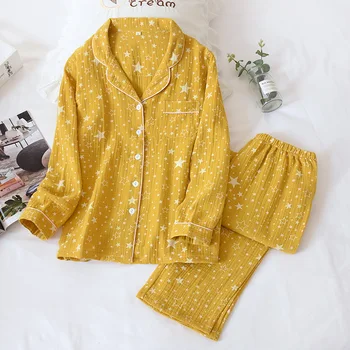 Nov Preprost Zvezde Čiste Barve Sleepwear Ženske Pajama Določa Japonsko Bombažne krep Dolg Rokav Sveže Homewear Ženske Pižame