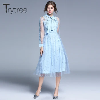Trytree 2020 Jeseni Ženske Priložnostne Voile Obleko Lok Imperij Fashion Lace Mozaik Mid-Tele A-Linije Elegantne Urad Dama Modra Obleka