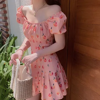 Roza Elegantno Kawaii Obleka Ženske Cvjetnim Tiskanja Češnja Mini Obleka Ženska Priložnostne Sladko Japonskem, Korejskem Slogu Poletje Oblačenja Žensk 2020