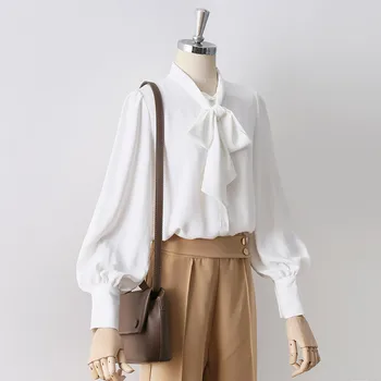 2019 novih modnih ženskih oblačil Jesen beli lok šifon majica luč rokav žensk bluze 482