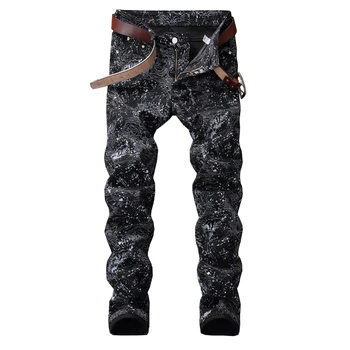 Sokotoo Moške slim black natisnjeni jeans, Moda stretch svinčnik hlače 5001
