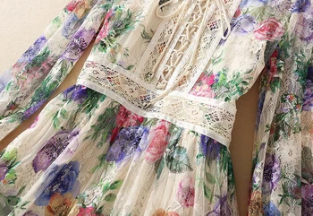 MIUXIMAO 2021 Poletje Pomlad Moda vzletno-pristajalne Steze Obleka Ženske Poln Rokav Cvjetnim Tiskanja Eleganten Čipke Midi Obleko Vestidos