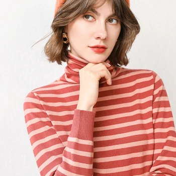 2019 jeseni in pozimi nov pulover pol-visok ovratnik ženski dolgo sleeved dno majica fashion horizontalni črtasto pulover 5781
