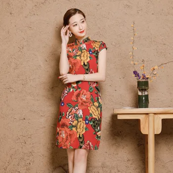 5XL Ženske Bombaž Orientalski Slog Obleke Tiskanje Elastična Qipao Nove Kratke Cheongsam Obnovite Starodavne Tradicionalne Kitajske Obleko 63743