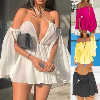 Moda za Ženske Šifon Trdne Barve Off Shoudler Obleko brez naramnic Seksi Votlih Iz Čipke Dolg Rokav Mini Obleka Sukienka#g3