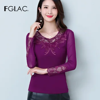 FGLAC bluzo ženske modni dolg rokav Elegantna Tanka, votla iz očesa vrhovi Seksi žensk bluzo plus velikost ženske vrhovi in bluze 670