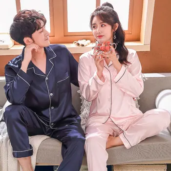 2020 Erkek Pijama Nekaj Ledu Svileno Pižamo Žensk Dolg Rokav Tanke Imitacije Jopico Moške južnokorejski Doma Oprema Ustrezala