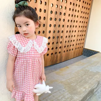 Poletje Novi korejski Bombaž Puff rokav Kariran Dekleta Princesa Obleko Čipke-robovi Mornar Ovratnik Otroci Baby dekleta Oblačenja Otrok Oblačila