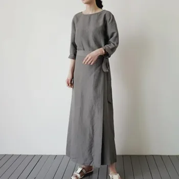 LANMREM 2021 Pomlad Krog vratu A-line Gleženj-dolžina Dolgo sleeved Sive Barve Vse-tekmo Japonski Stil Oblačenja Pri Ženskah 2A3014