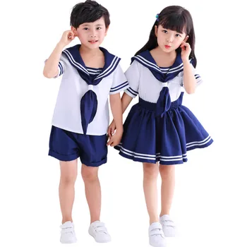 Otroci Modra Srčkan Kratkimi Rokavi Boys Girls School Uniform Mornar Obleko Za Noč Čarovnic Cosplay Kostum Colthes