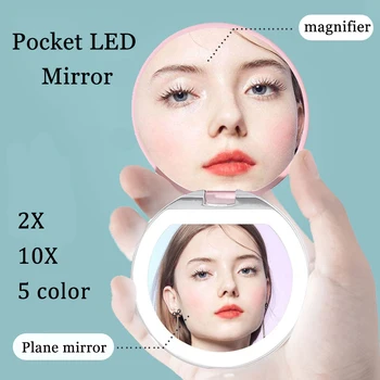 Mini Make-up ogledalo z led luči 2X Povečevalno polnjenje prek kabla USB za Zaznavanje Svetlobnih ispraznošću osvetljeno Ogledalo Ogledalo žep