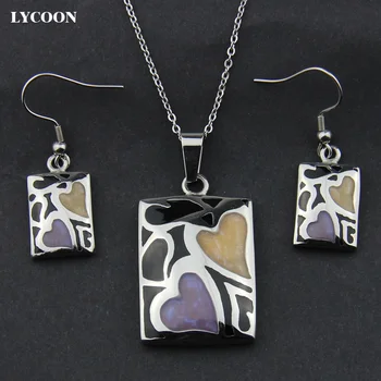 LYCOON najnovejši iz nerjavečega jekla srce slog z vijolična siva smolo, ogrlico, obesek, emajl uhani nakit set za ženske LYS008 8137