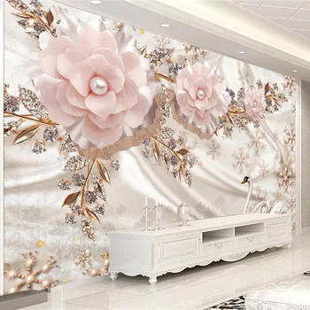 Po meri vseh Velikosti Zidana Ozadje Evropski Stil Luksuzni Swan Nakit Roza Cvetovi Stene Papirja Dnevna Soba, Samolepilne, 3D Nalepke
