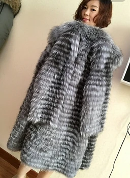 Pozimi pravi srebrna lisica krzno plašč ženske dolgo naravnega krzna jakna ženske pletene pravega krzna suknji dame plus velikost 85014
