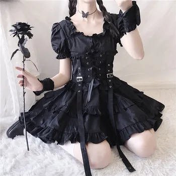 Viktorijanski Renaissance Black Gothic Lolita Obleko Japonski Dekle Letnik Punk Stil Puff Rokav Povoj Mini Obleka Ženske Obleke 90600