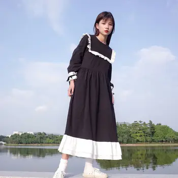Obleka Ženske Jeseni Black Preppy Japonski Stil Počitnice Retro Simlpe Udobno A-line Mozaik Mode Dame, Vse-ujemanje Dodatki 92885
