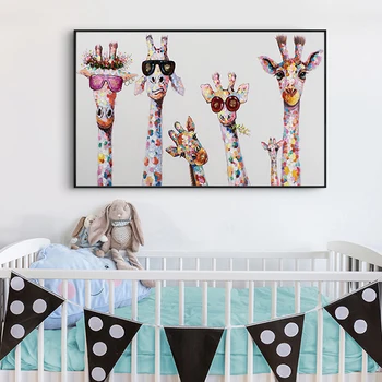 Barvita Žirafa Živalske Družine Plakat Barvanje Sten v slikah, Cuadros za Otrok Dnevni Sobi Doma Dekor Plakati Oljno sliko