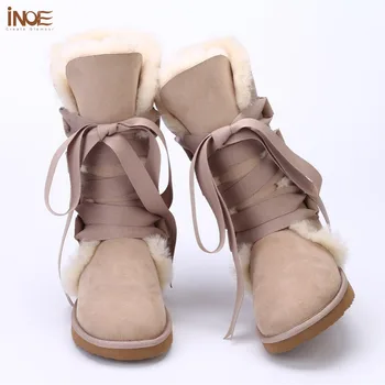 Nova Moda čipke sneg škornji za womens bootlace pravi ovčje usnje narave, volne, krzna, zimski čevlji za lady Brezplačna Dostava 958