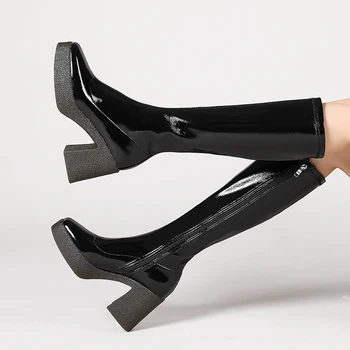 MORAZORA 2020 Zimski modni škornji, čevlji z visokimi petami kvadratni toe platforma dame čevlji barva kolena visoki škornji črni marelica