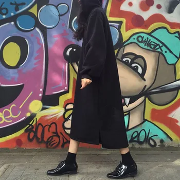 Korejski Ženske Jeseni, Pozimi Kapičastih Pulover Obleko Debel Kožuh Prevelik Priložnostne Svoboden Maxi Dolgo Hoodie Majica Črne Obleke