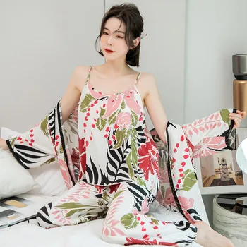 Tiskani Cvet 2PCS Haljo bo Ustrezala Seksi Dame' Sleepwear Kimono kopalni plašč Obleke Bombaž Svoboden 3PCS Intimno Perilo Poletje Nightgown 9923