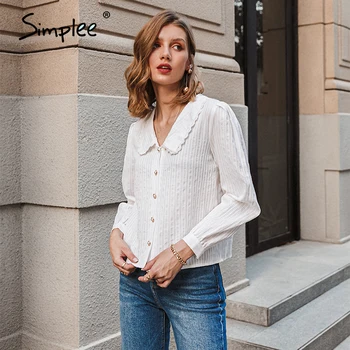 Simplee Elegantne bele jeseni, pozimi ženske bluzo Vintage doll ovratnik, dolgi rokavi ženska majica Nov modni žep bluzo 2020