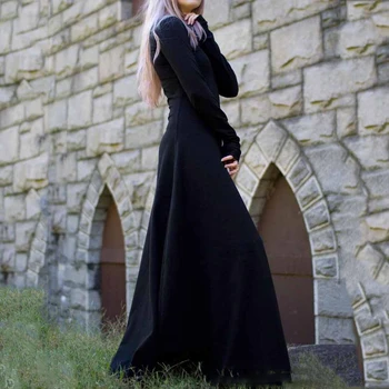 Viktorijanski Gothic Obleko Čarovnica Cosplay Black Srednjeveški Kostum, Dolg Rokav Renesančni Palači Vampir Lasuljo Lase Halloween Fancy