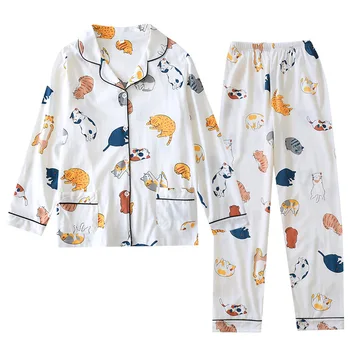 Ženska Pletenje Bombažne Tanke Pižamo Risanka Tiskanje 2 Kos Pižame Loungewear Pijama Mujer Dolg Rokav Sleepwear Domov Oblačila