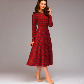 2019 žensk novo dolgimi rokavi rdeče kariran midi obleko pasu prevelik temperament obleko