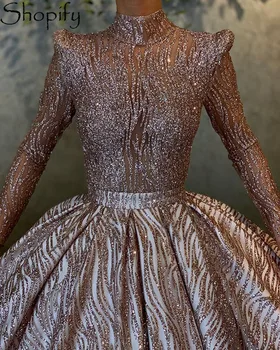 Zabuhle Žogo Obleke Visoko Vratu Dolge Rokave Sweet 16 Celebrity Obleko Rose Zlata Glittery Quinceanera Obleke 2020