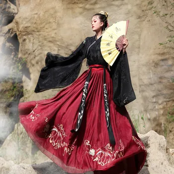 Hanfu ženske Noše Kitajski Stil Dnevne hanfu obleko Jeseni Obleko Tradicionalnih Vezenje Velikem Zamahu Obleko Rdeča Črna cosplay Hanfu