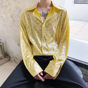 Moški Zlato Svetleče Rib Obsega Vzorec Dolg Rokav Priložnostne Ohlapno Majico Moški Nočni Klub Fazi Fashion Show Obleko Majice