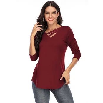 Jeseni Solid Majica s kratkimi rokavi Ženske Obleke Proti-vrat Dolg Rokav Moda Plus Velikost Svoboden T-shirt Vrhovi Priložnostne Tee Shirt Femme