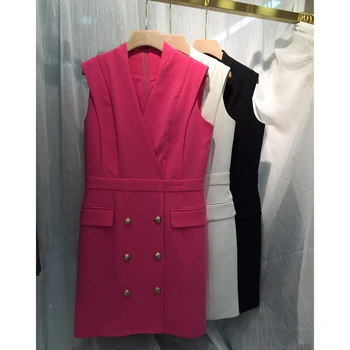 VISOKA KAKOVOST Nove Modne 2020 vzletno-pristajalne Steze Oblikovalec Obleko Žensk brez Rokavov Proti-vrat Dvojno Zapenjanje Kariero Obleko